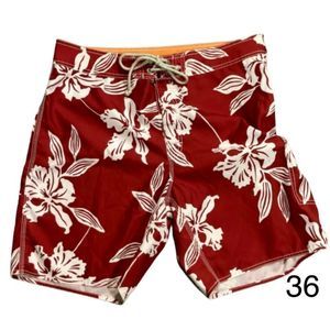 J.Crew Mens Red Lotus Flower Swim Trunks Boardshorts Sz 36
